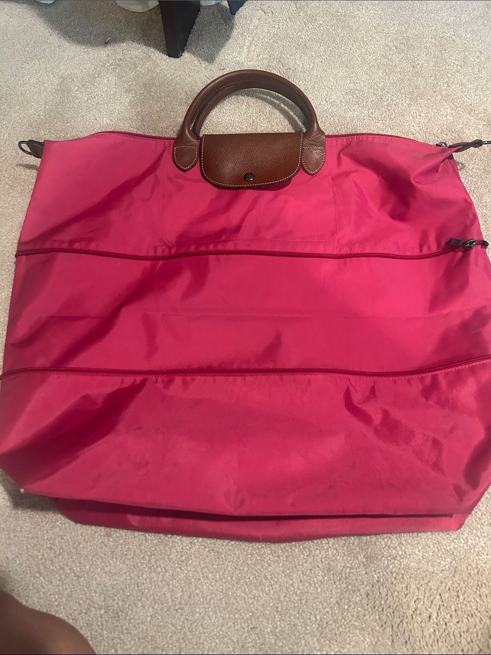 Longchamp Hot Pink Nylon Tote with Brown Leather Trim